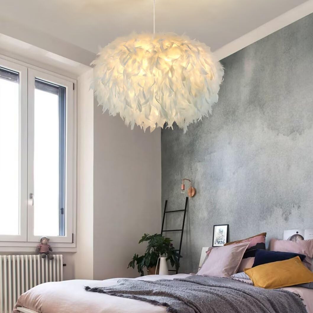 55 cm/17,8 Zoll ellipsoide weiße Feder-Pendelleuchte, Feder-Lampenschirm, Deckenleuchte, Feder-Kronleuchter für Wohnzimmer, Schlafzimmer, Esszimmer