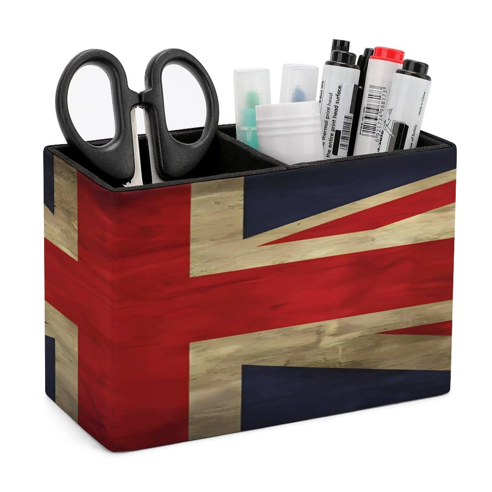 VstaDank British Flag Pen Holder Double Compartments Pen Cup Fashion Makeup Brush Holders Leather Pencil Holder for Work Locker Accessories Modern Pencil Cup for Desk Organizer