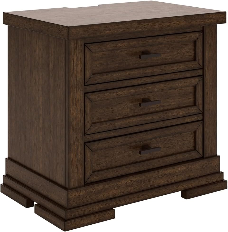 Signature Design by Ashley Taffenbrook Farmhouse 3-Drawer Nightstand with Felt-Lined Top Drawer, Power Supply and USB Ports, 28.5″ W x 18.25″ D x 26.5″ H, Dark Brown