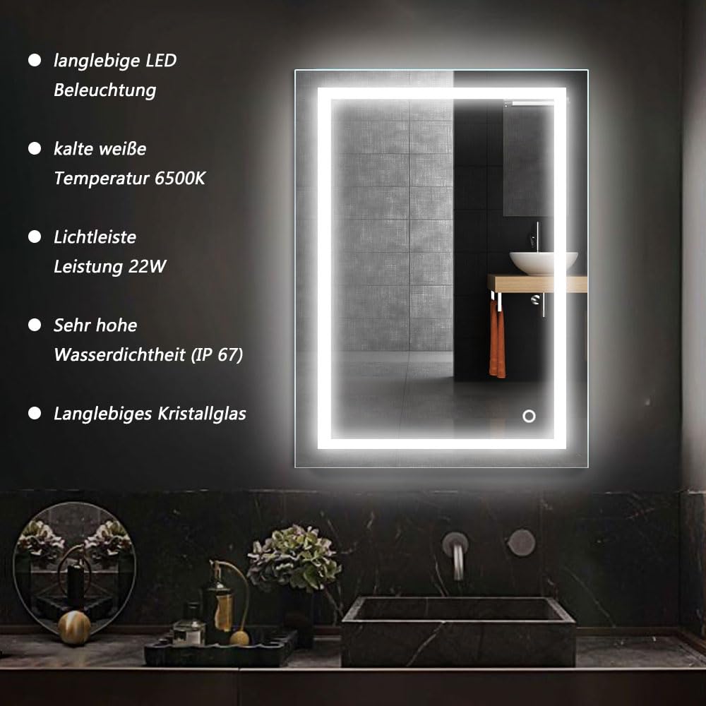 MUPAI Lustro łazienkowe LED, podświetlane, ścienne, białe, B, 50 x 70 cm