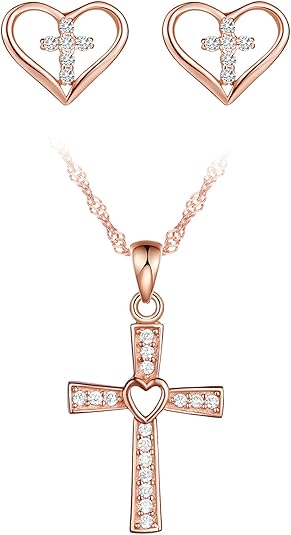 Collana con croce in argento sterling e orecchini a bottone