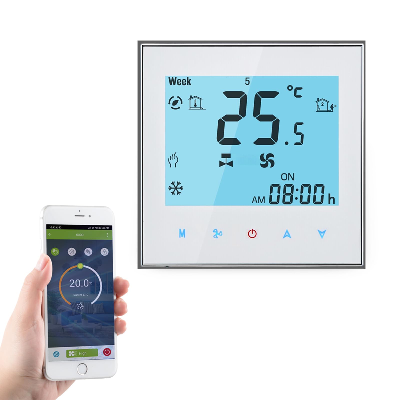 Qiumi Qiumi Termostato Inteligente WiFi Aire Acondicionado Controlador de Temperatura con Pantalla LCD de 2 Tubos,Funciona con Alexa Google Home,Iluminación de Pantalla Suave, 95-240V AC