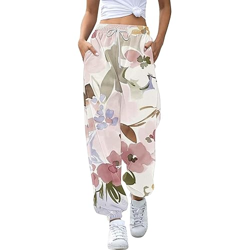 2024 Womens High Waist Sweatpant Cotton Lounge Summer Floral Print Cut Patchwork Workout Jogger Pant with Pocket
