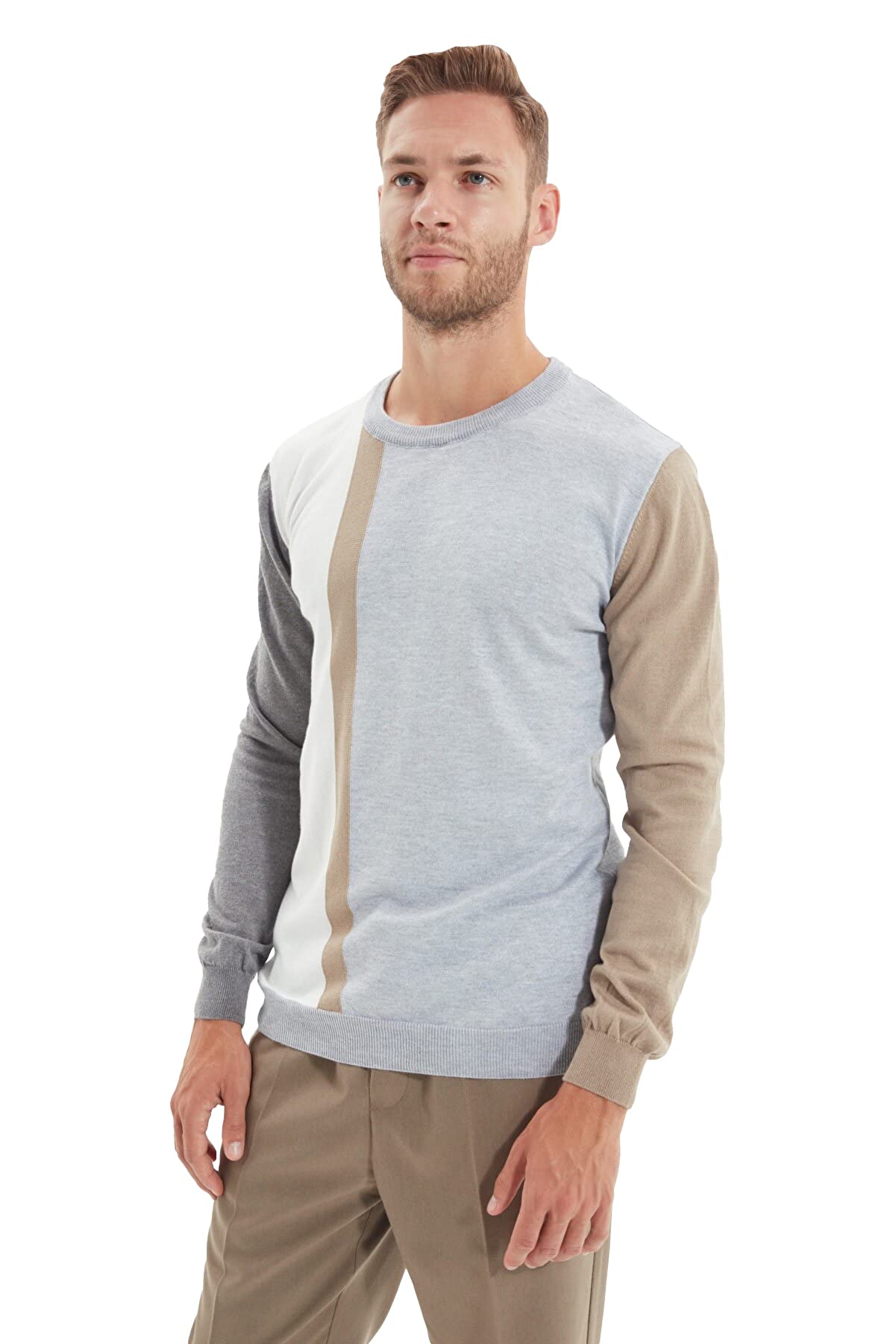 Trendyol Man Slim Basic Crew Neck Knitwear Sweater Grau
