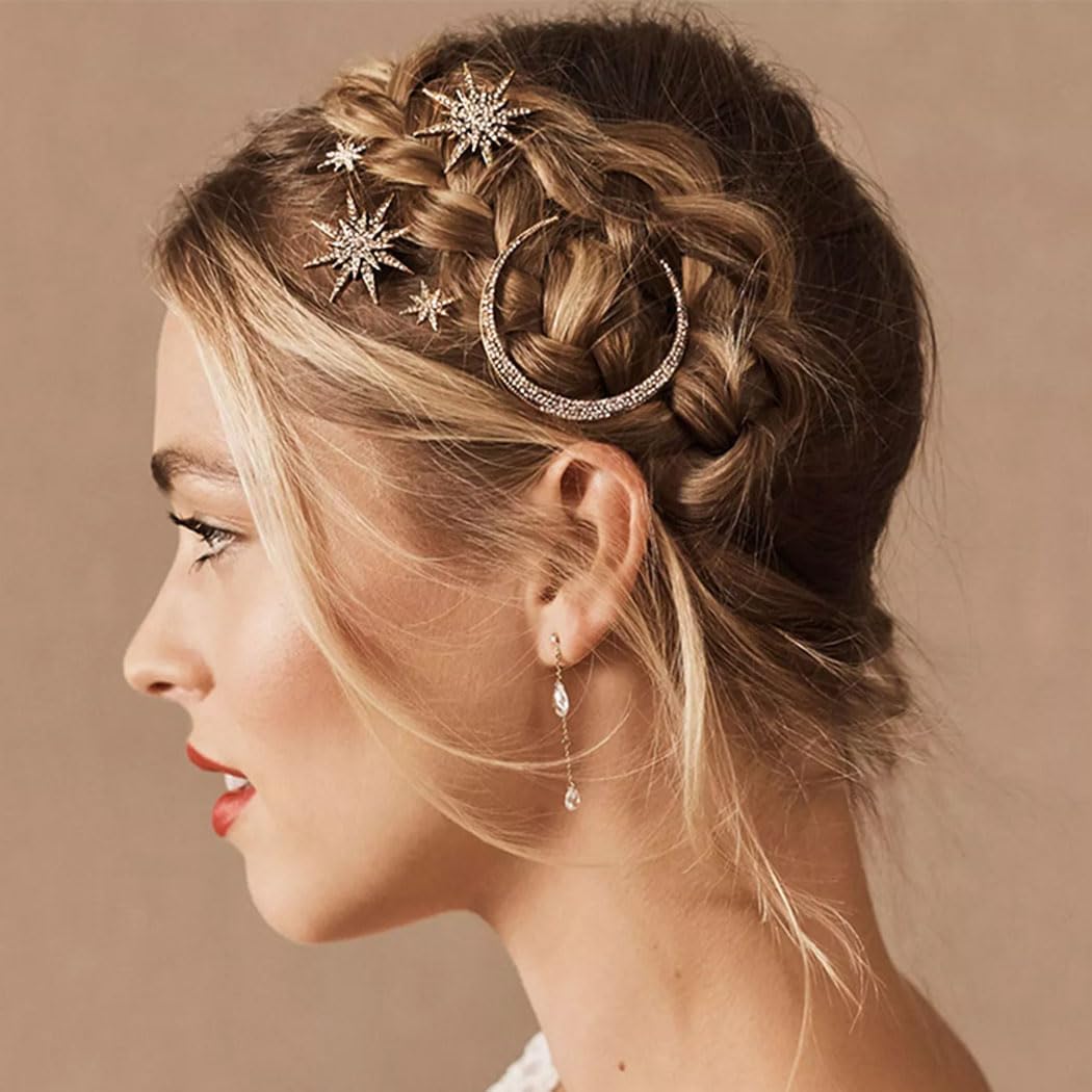 BARTOSI Moon Star Hair Clips Vintage Rhinestone Hair Pins Celestial Hair Accessories for Women and Girls (Pack of 3) (Bronze)