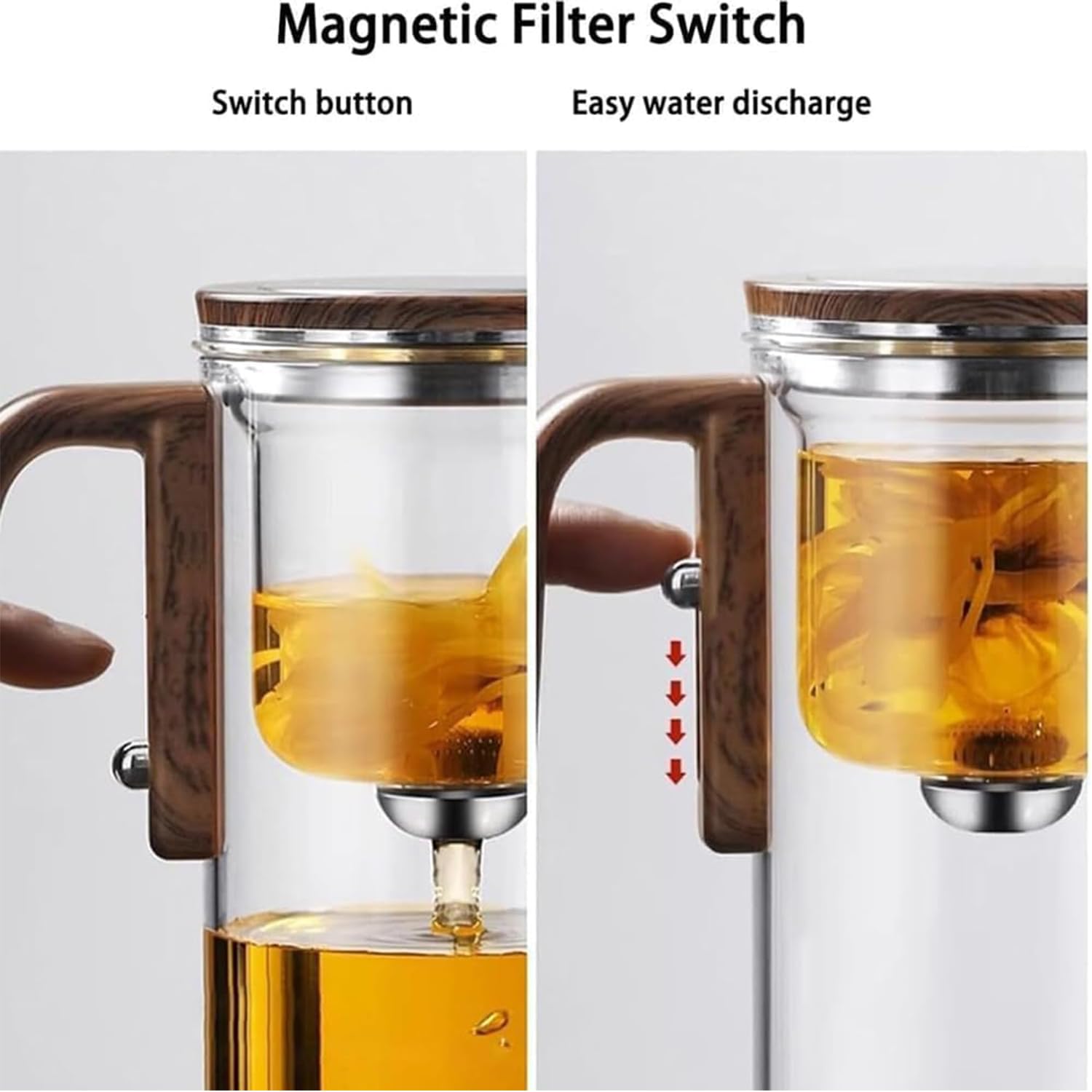 Tetera de cristal con infusor extraíble y mango de madera, ideal para preparar y servir té con función de separación de agua