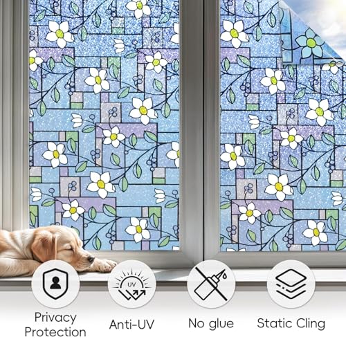 Image of WOO Home Frosted Glass Window Film & Stickers (24 X 72 Inchs) Privacy Window Cover for Home & Office - Easy Apply, UV Protection, Removable Decorative Film (Blue Patti Flower 2 X 6 SQFT)