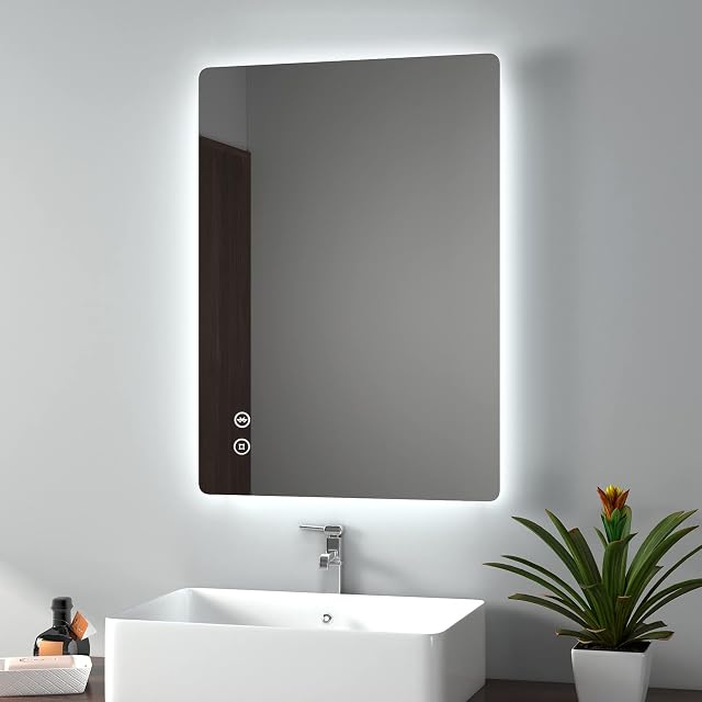 EMKE LED Backlit Bathroom Mirror with Bluetooth, 500x700mm Wall Mounted Multifunction LED Bathroom Vanity Mirror with Shaver Socket | LED Lights | Demister Pad