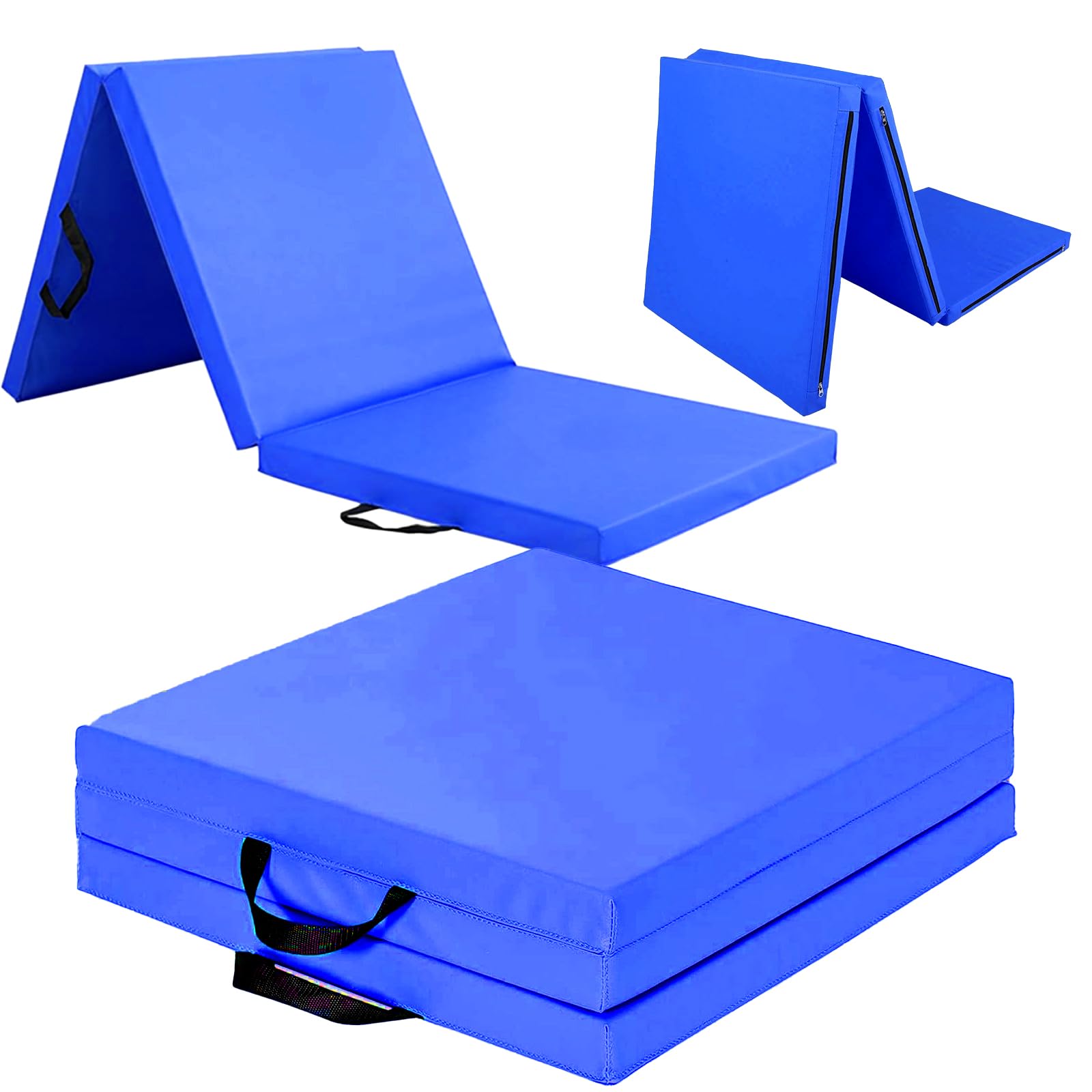 Exercise Mat – Tri-Fold PU Leather Yoga, Pilates & Gymnastics Mat, 6cm Thick Cushioned, Non-Slip, Foldable Home Gym Fitness Mat for Kids, Adults & Family Workouts (Blue)