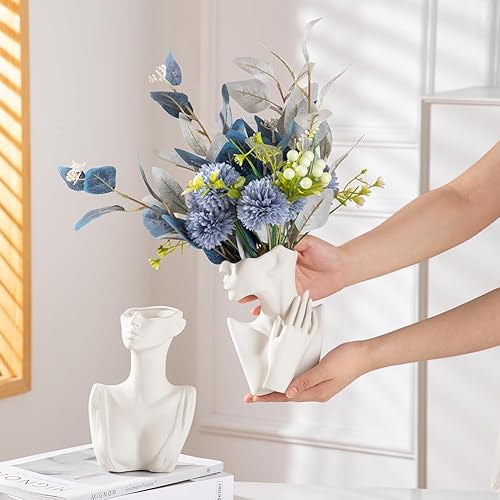 Miniatura 8 de Jarrones faciales para jarrón de cerámica blanca, decoración moderna del hogar, jarrones redondos mate para hierba de las pampas, jarrones de flores