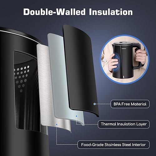 Miniatura 3 de Aigostar Hervidor eléctrico, calentador de agua caliente interior de acero inoxidable 304 de doble pared de 1.7L, hervidor de té eléctrico de 1500