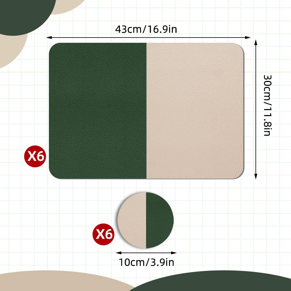 Set 6 Tovagliette In Ecopelle Verde Salvia Double Face + 6 Sottobicchieri - Impermeabili E Resistenti Al Calore - 43x30 Cm - Lavabili In Lavastoviglie