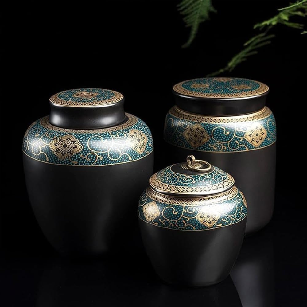 Rutexc愛しいペットのための伝統美あふれる陶磁器製骨壺 深みのある黒地に金とターコイズの華やかな絵柄 かわいい動物の遺骨を尊厳と