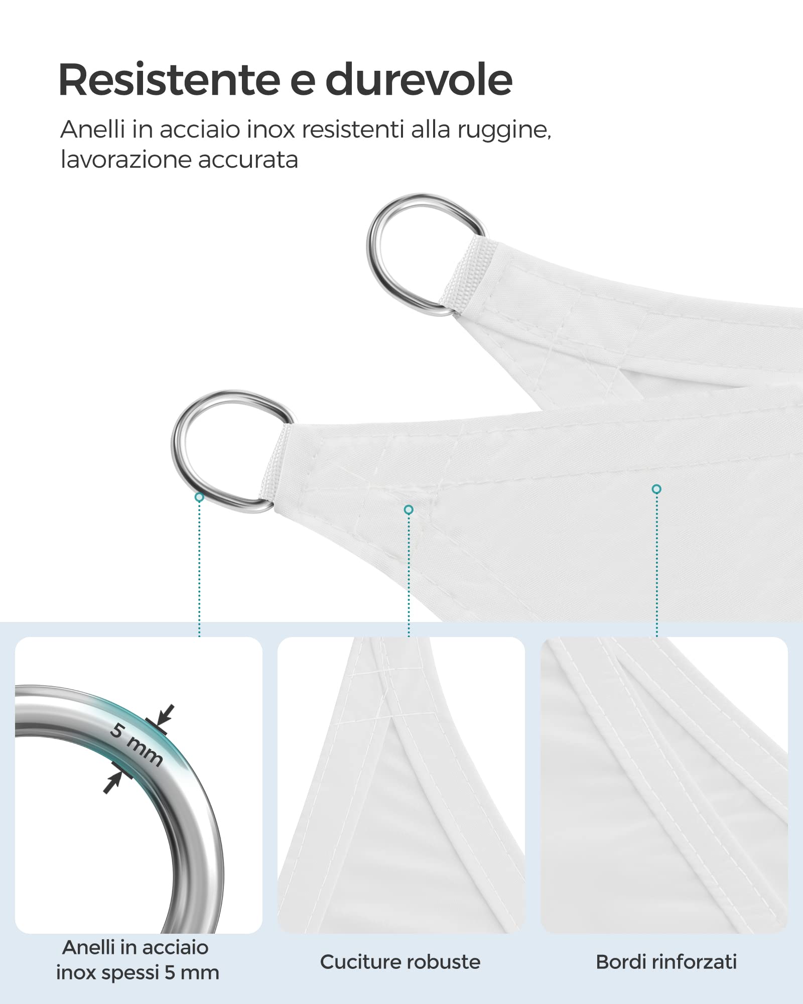 SONGMICS Vela Parasole 3 x 4 m, Impermeabile con Colonna d'Acqua 665 mm, Tenda da Sole Poliestere Antistrappo, Anti UV 93%, Terrazza Giardino Balcone, Rettangolare, Corde 2 m, Bianco GSH34IVV1