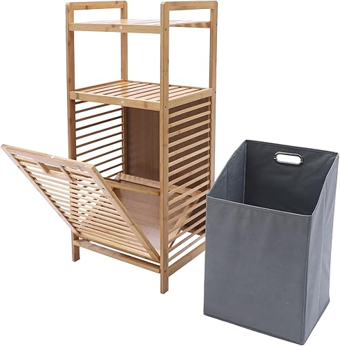 Miniatura 3 de Estante organizador de almacenamiento de 3 niveles con marco de bambú y cestas de tela extraíbles, unidad de cajones de almacenamiento, cesta de