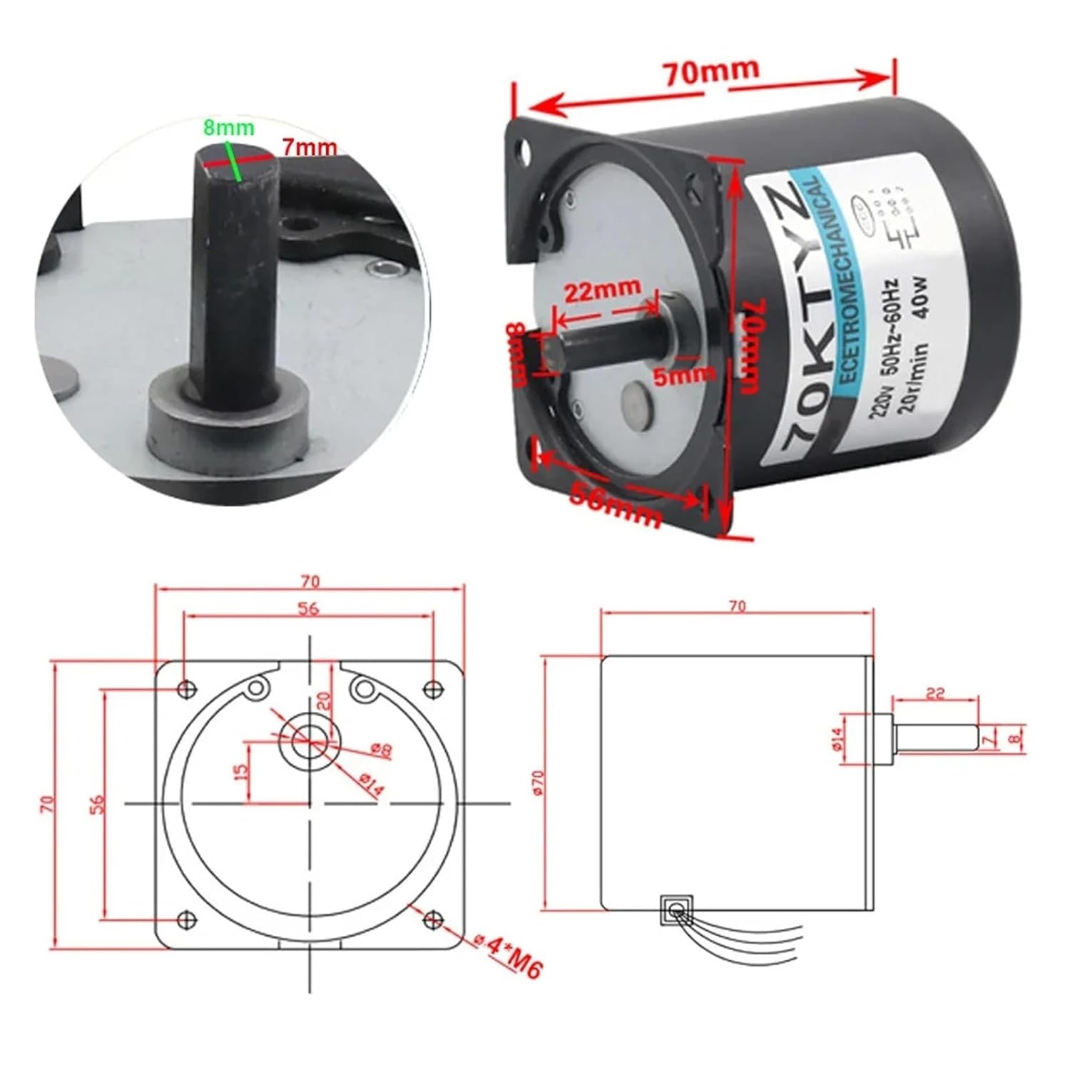 160KG 70KTYZ 40W AC220V AC Permanent Magnet Synchronous Motor CW/CCW Low Speed Motor 2.5/5/10/15/20/30/50/60/80/110rpm(10rpm 48KGF.CM)