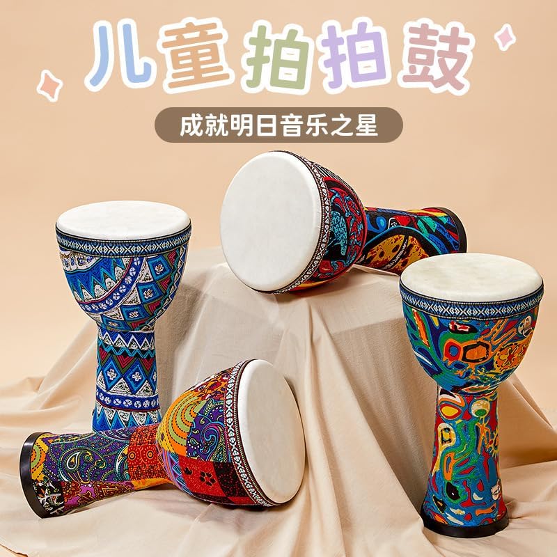Traditional Hand Drum, Blue Tribal Pattern, Decorative Musical Percussion Instrument for Children, White Drumhead