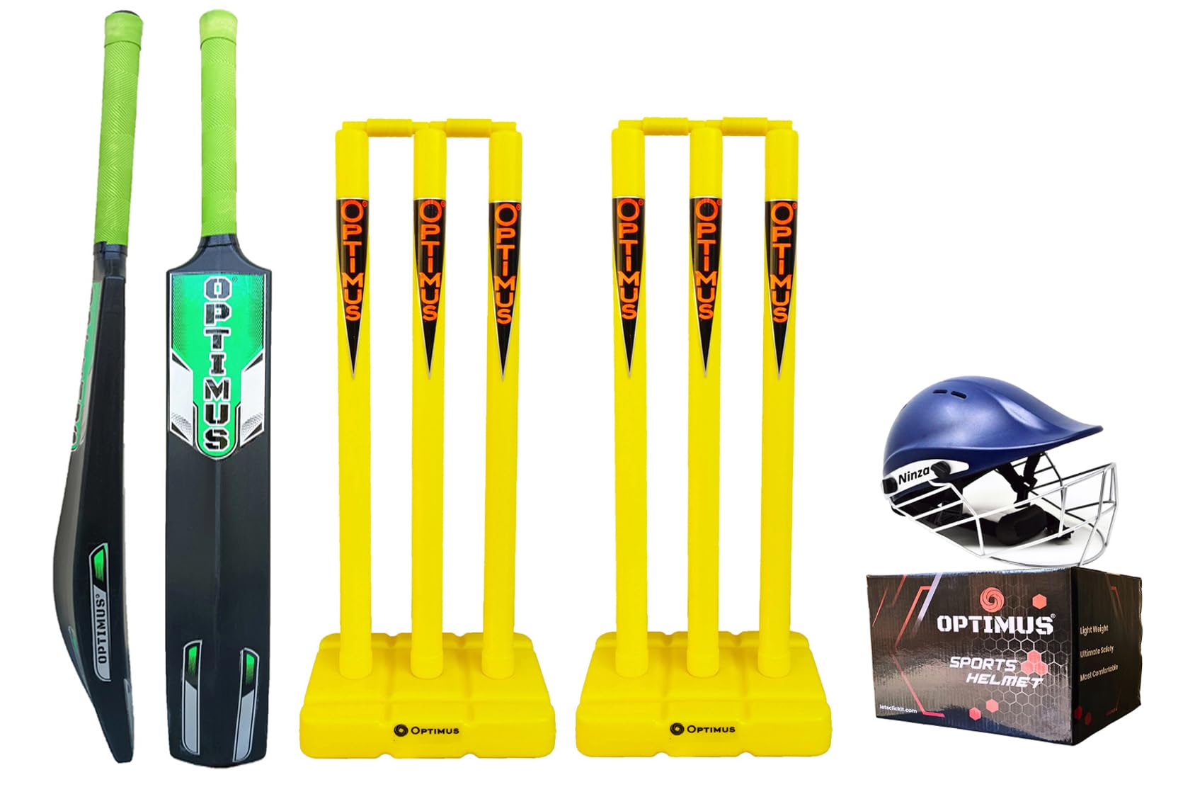 Optimus® Cricket Kit Combo Set - 1 Plastic Bat (8 No. - 13 to 14 Yrs Age), Plastic Stump Set 6 Pcs 4 Bails with 2 Base (Senior Size 30 Inch) & 1 Helmet (Medium Head Size 54-58 cm) - Green Ninza B (B0CL58L29D) Amazon Price History, Amazon Price Tracker