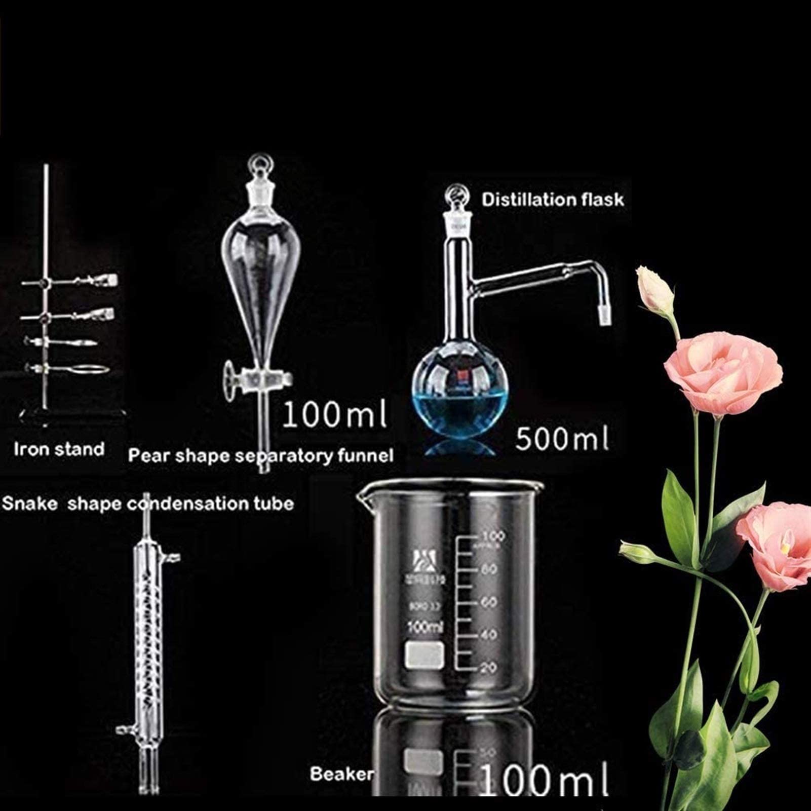 Kit di Set di esperimenti chimici per filtri per Acqua distillata con Alcol, unità di distillazione Attrezzatura da Laboratorio Vetreria Oli Essenziali 100 ml Vuoto per esperimenti chimici