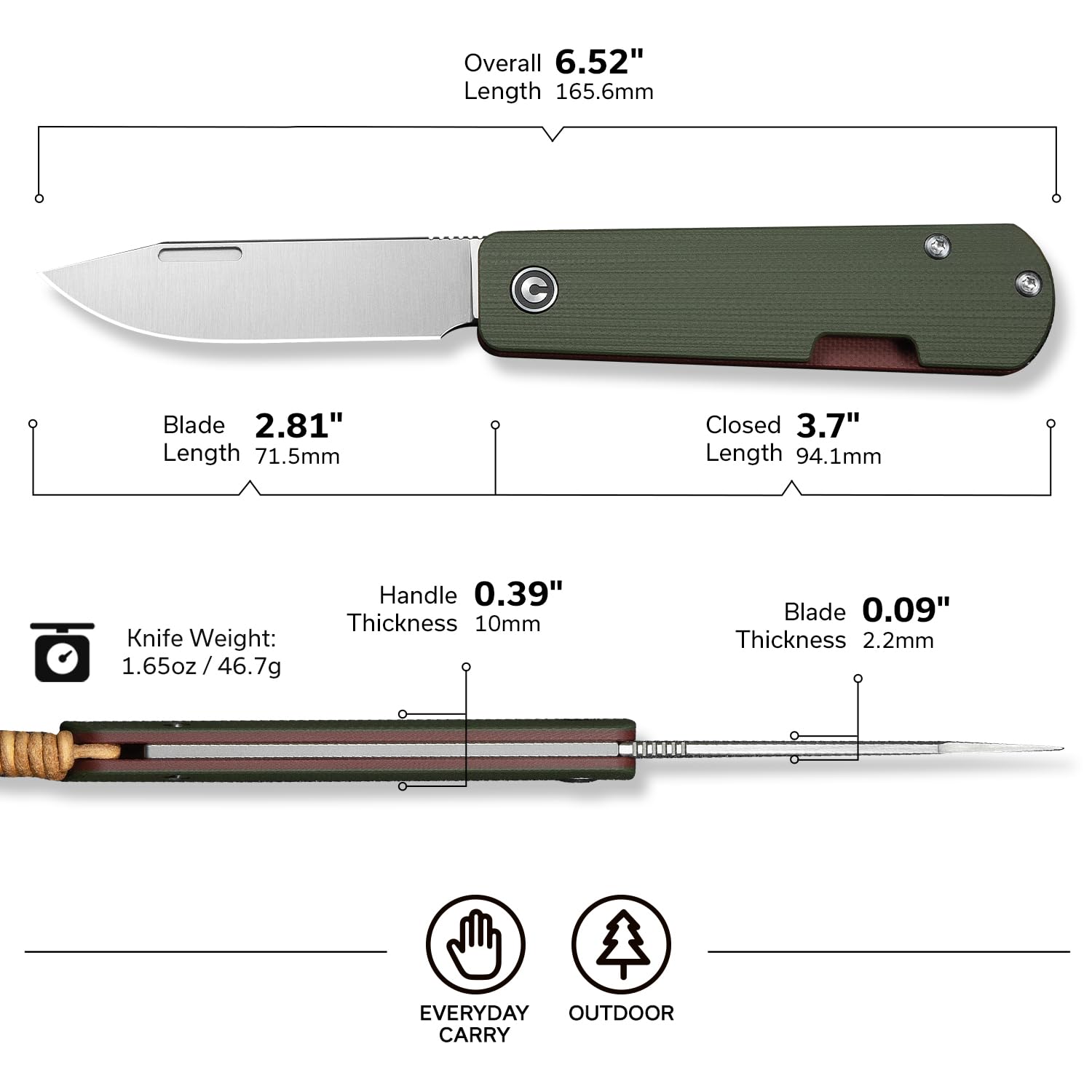 CIVIVI Slippy Sendy Pocket Knife, Slip Joint Folding Knives 7.15 CM Nitro-v Blade G10 Handle, Outdoor EDC Knife C24075B-1 (Green & Red)