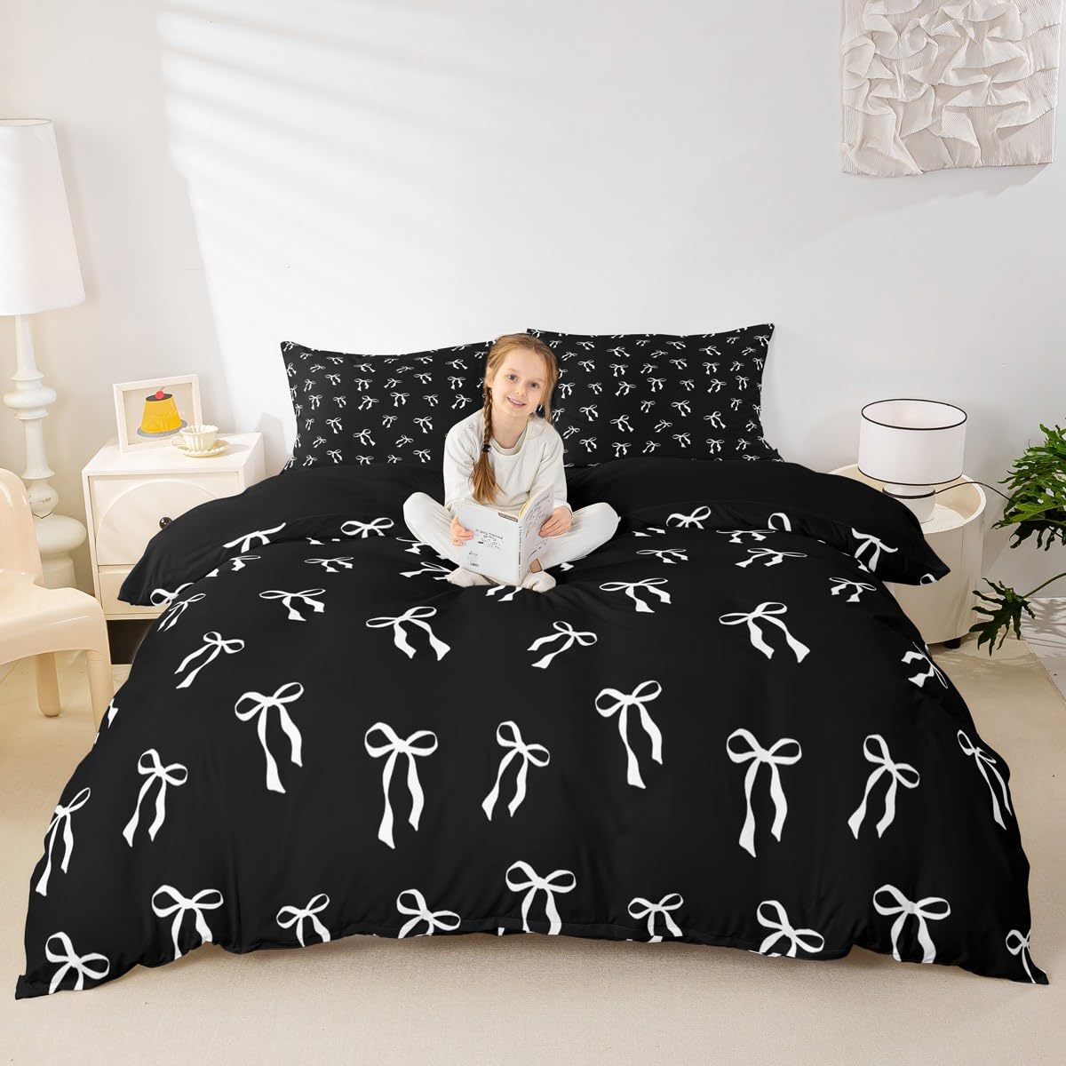 Homewish Bowknot Ribbon Bed Set White Bows Duvet Cover Super King Black Princess Bedding Set Modern Simple Bow-Tie Quilt Cover for Kids Boys Girls