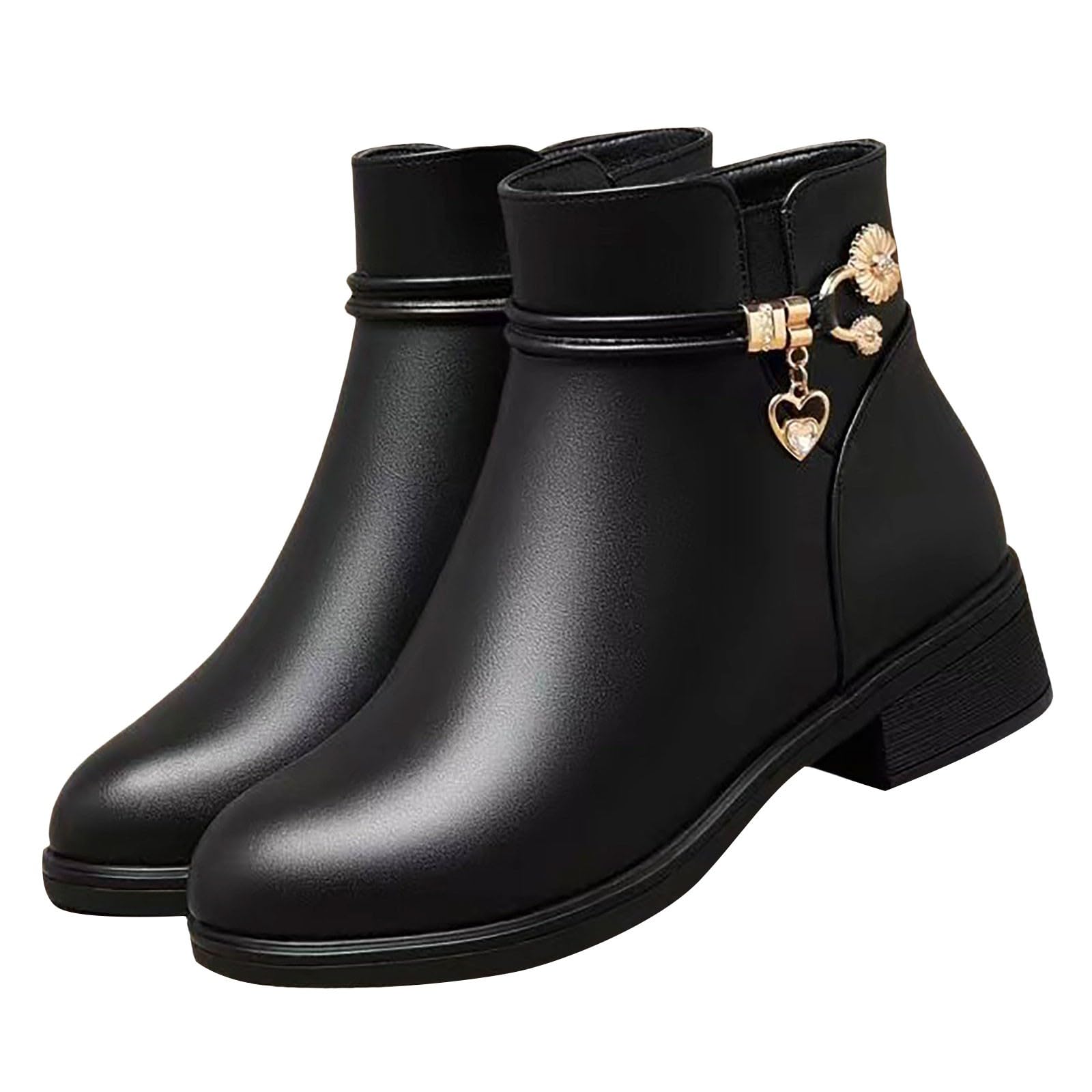 Womens Leather Ankle Boots Pointed Toe Chunky Heel Fuzzy Lined Warm Winter Short Booties with Side Zipper
