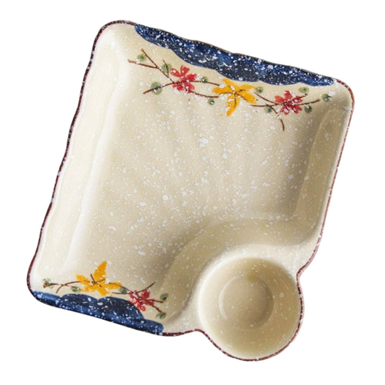 Tmboryuu Flower Fired Ceramic Square Serving Tray With Integrated Vinegar Cup Perfect For Dumplings Dim Sum And Appetizers Square Dessert Plate