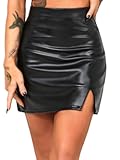 Women&apos;s Faux Leather Skirt High Waist Tummy Control Bodycon Mini Short Skirt with Slit