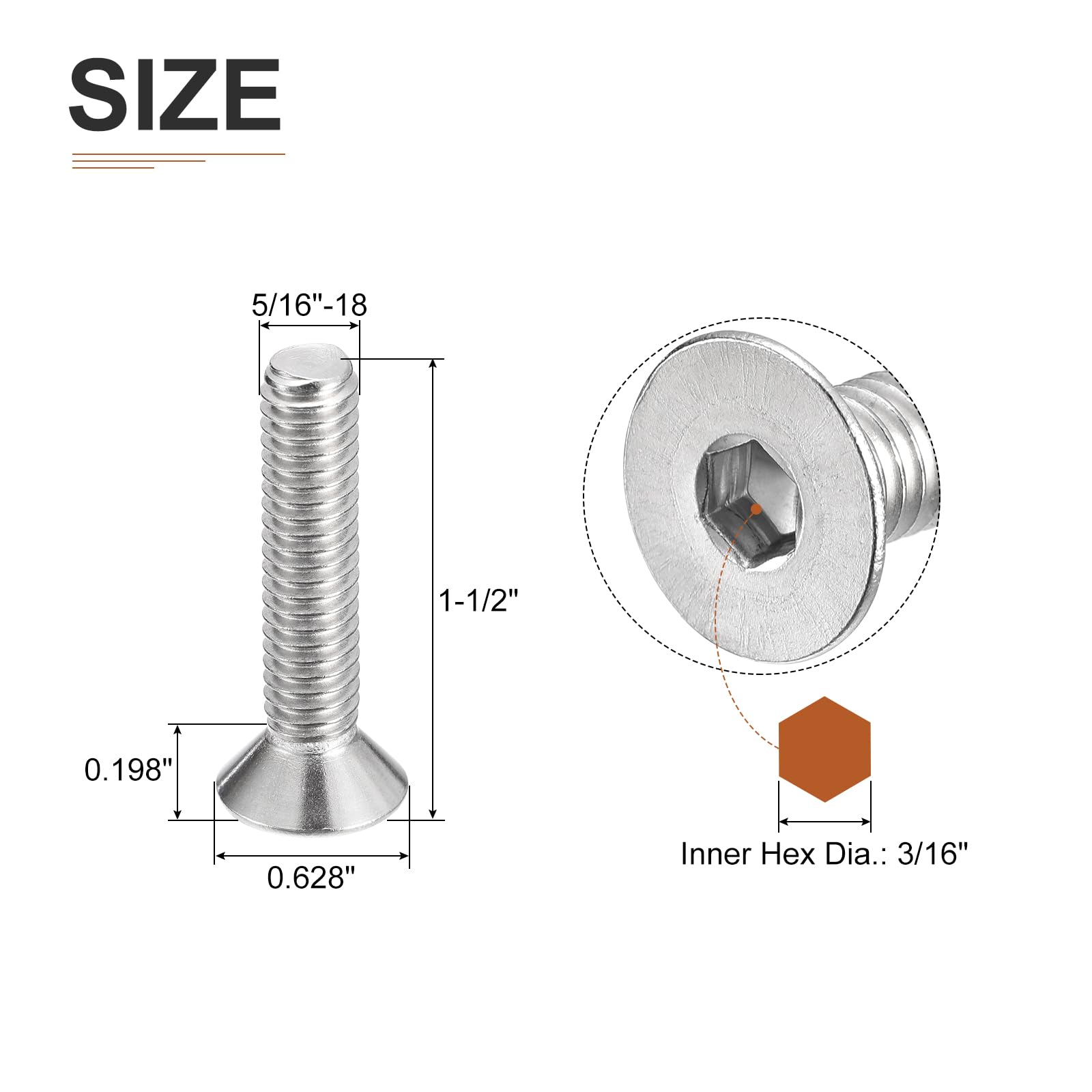 DTGN 5/16-18 x 1-1/2" Flat Head Socket Cap Screws, 10 Pack 304 Stainless Steel Hex Socket Flat Head Screws, Full Thread - Image 2