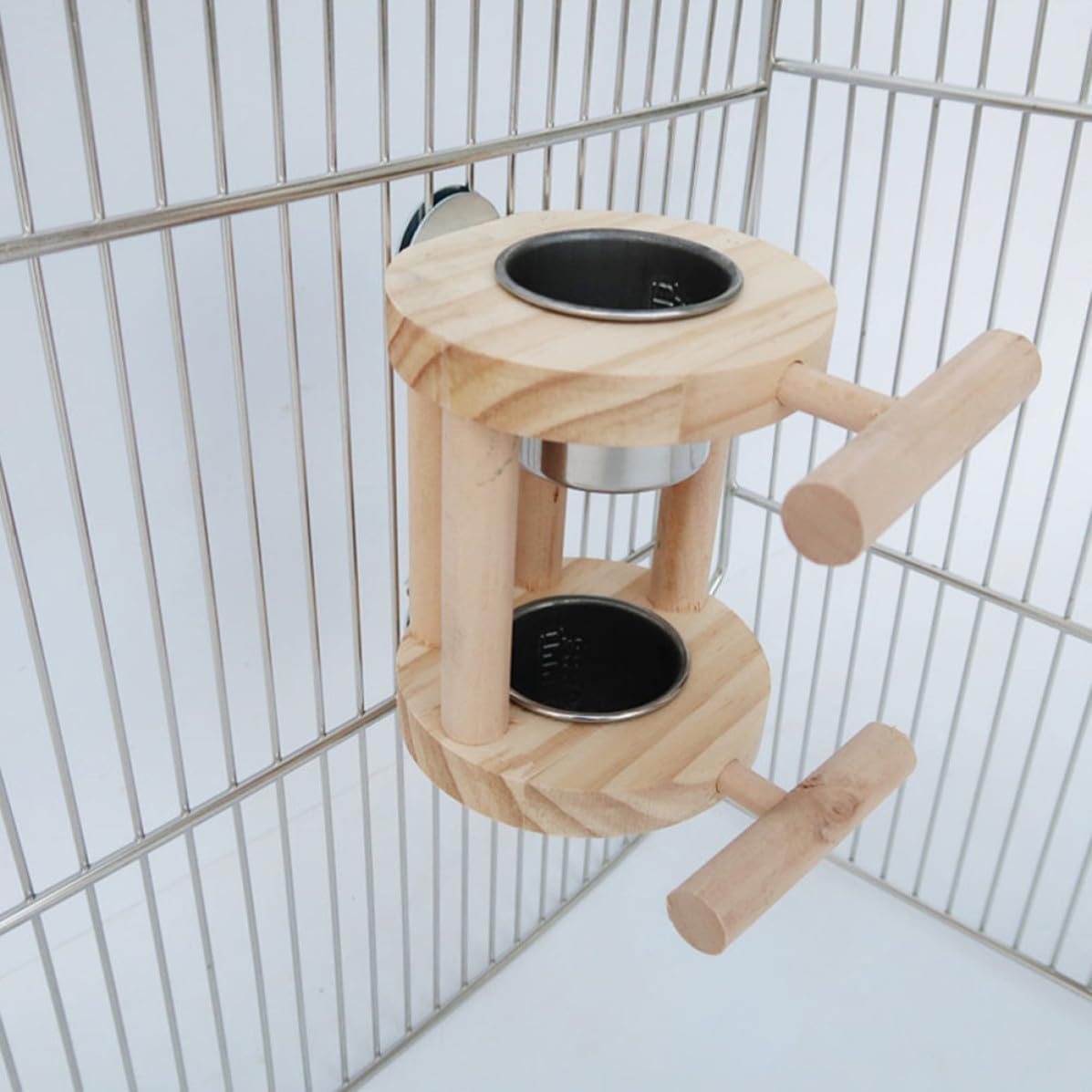 Stainless Steel Frame Feeding Cups with Wood Stand Parrot image 4