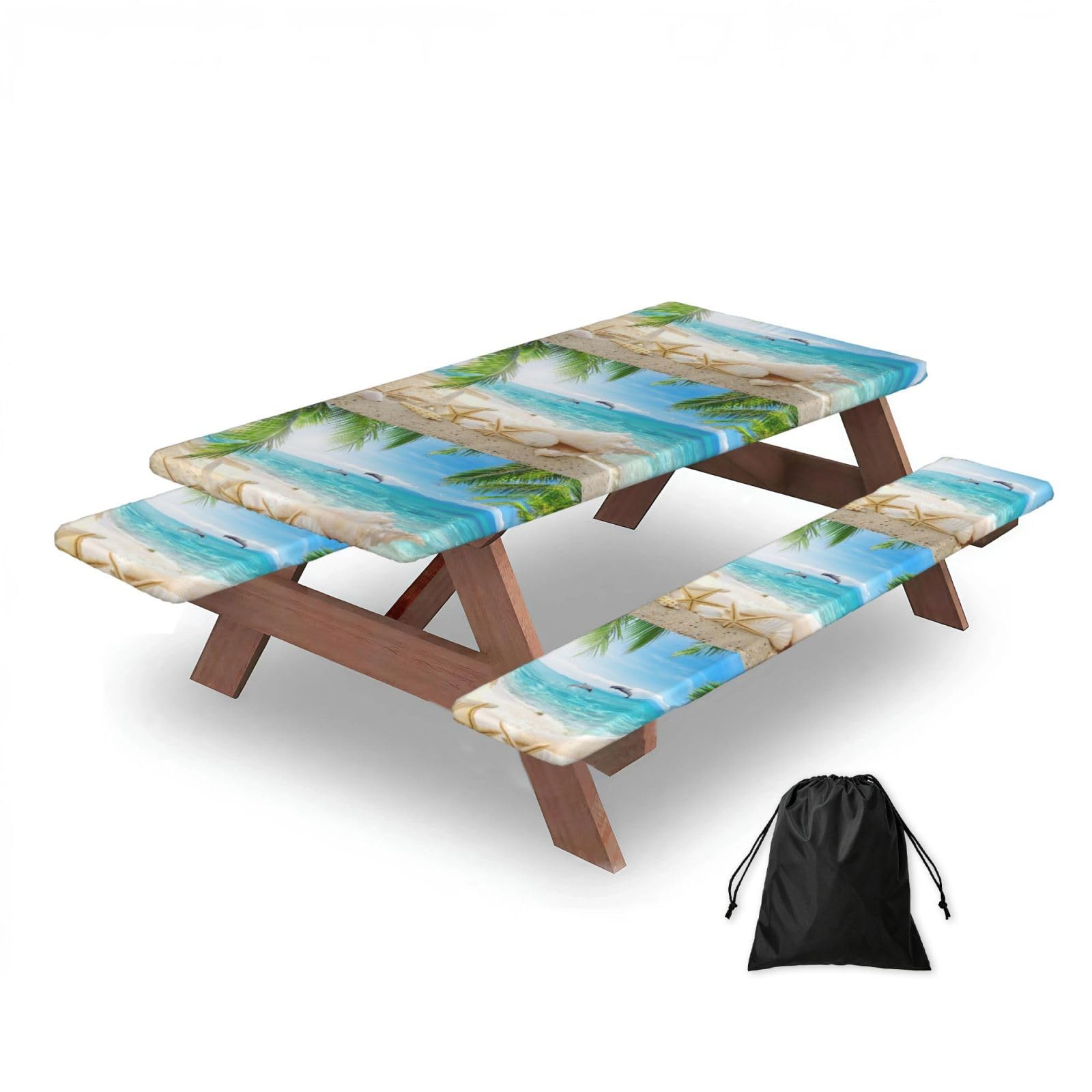 Starfish Beach Sea Palms Printed, Picnic Table Cover With Bench Covers -Waterproof Elastic Fitted Tablecloth for Garden Camping Patio 76x152cm