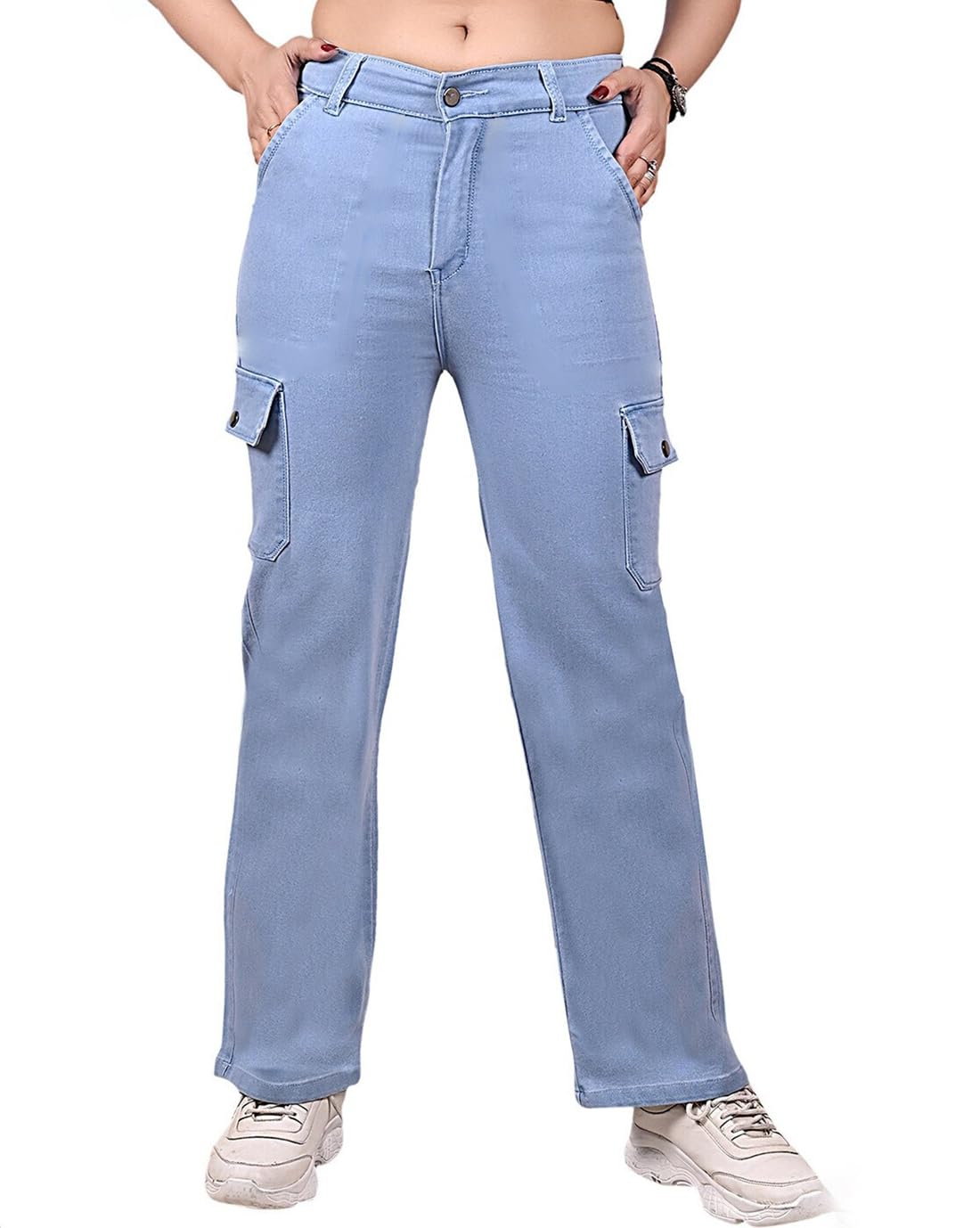 ADBUCKS Women Mid Rise Cargo Style Jeans Pant Plus Size (26 to 42) in 7 Colors Available || Wide Leg Jeans ||, Light Blue 38