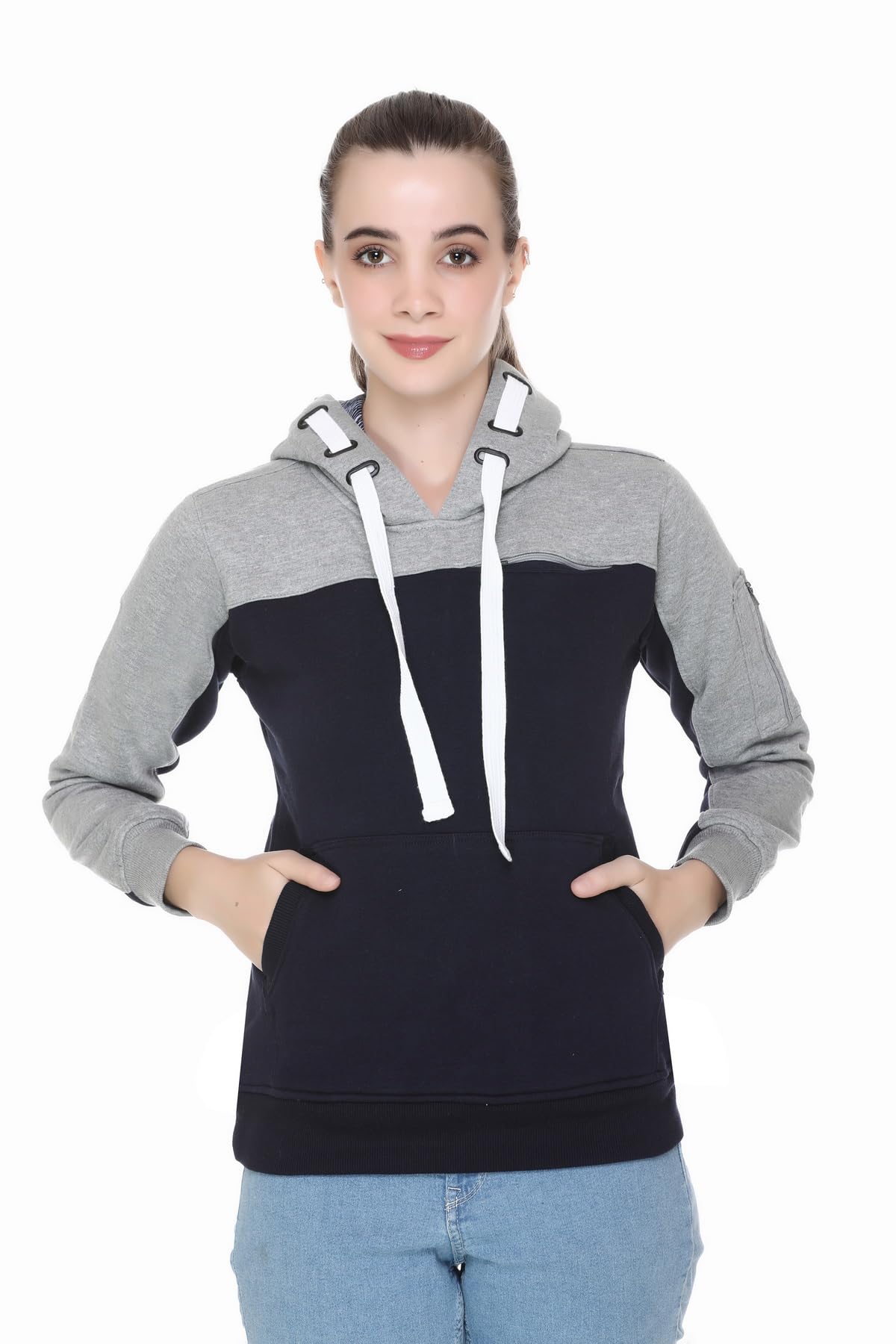 hold Women's Color Block Hoodie Sweatshirt, Grey and Black Cotton Fleece, Drawstring Neck, Casual Wear-picture-26