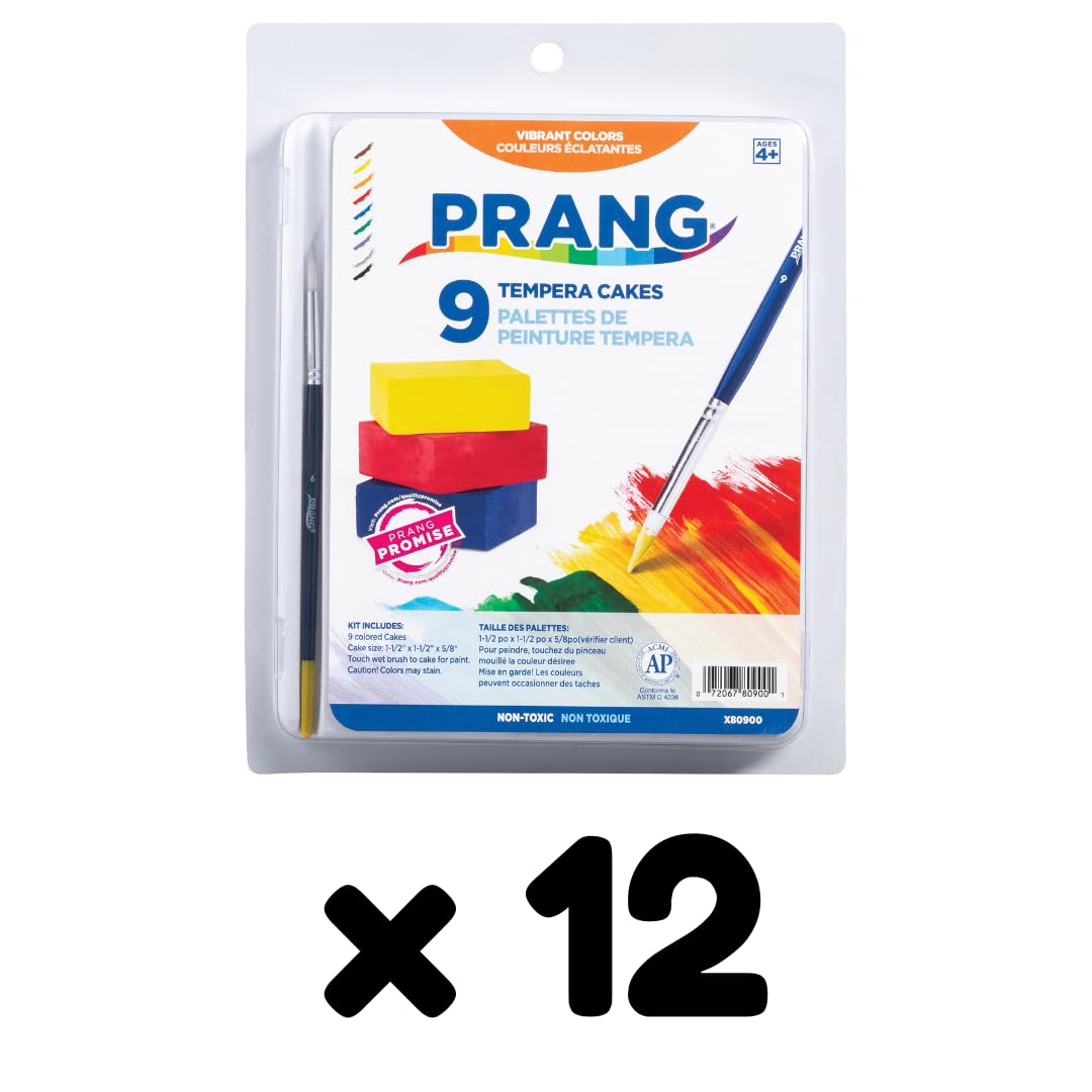 PRANG Gallery Classic Tempera Paint Cakes Lot de 12 pots de 9 couleurs avec poêle divisée et pinceau