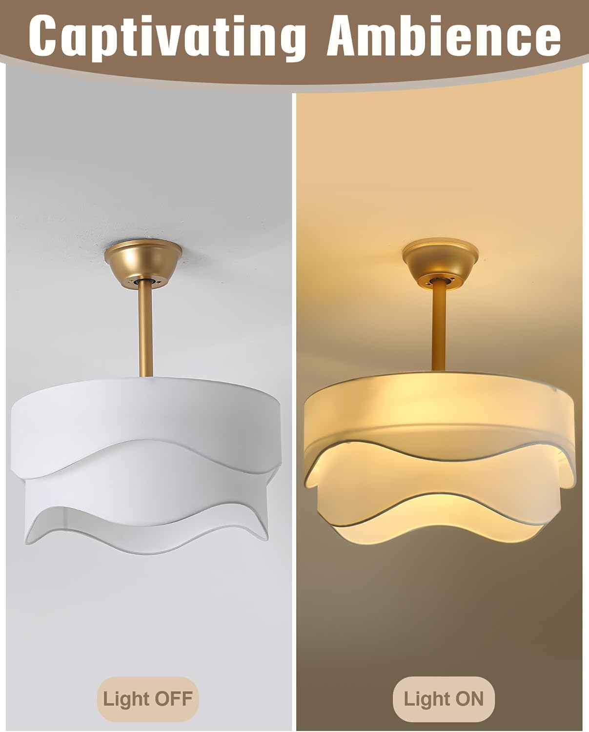 20" Boho Fandelier Ceiling Fan, Caged Ceiling Fan with Light, Gold Bladeless Chandelier Fan with Scalloped Drum Shade, Reversible DC Motor for Bedroom, Living Room, Nursery, Kitchen