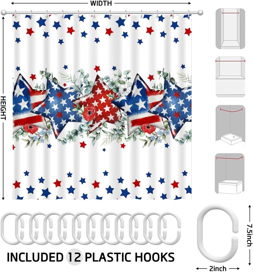 4 Pcs Independence Day Shower Curtain Set, Patriotic Star Bathroom Set with Rugs, U-Shaped Mat, Toilet Lid Cover, Red White and Blue Bath Decor with 12 Hooks