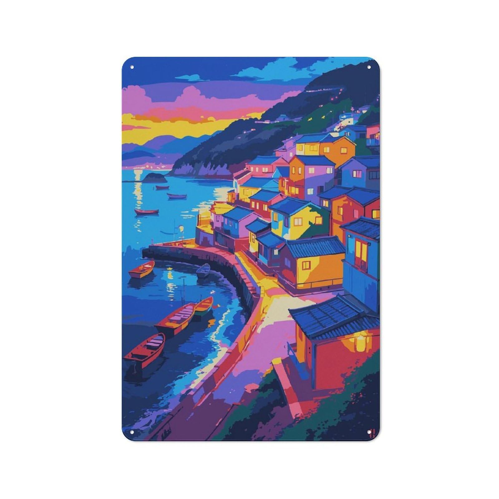 Junmoney Style-24 Metal Gift Sign With Colorful Coastal Village At Sunset Design 30X20cm, Character Room Wall Plaque For Flat, Dorm Room, Lounge Or Cafe