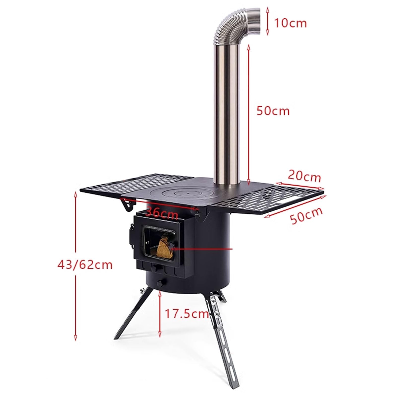 Stufa A Legna Economica Piccola 76 * 50 * 62CM con Vetro di Visualizzazione Stufe A Legna Realizzato in Lamiera d'Acciaio Laminata A Caldo con Camino