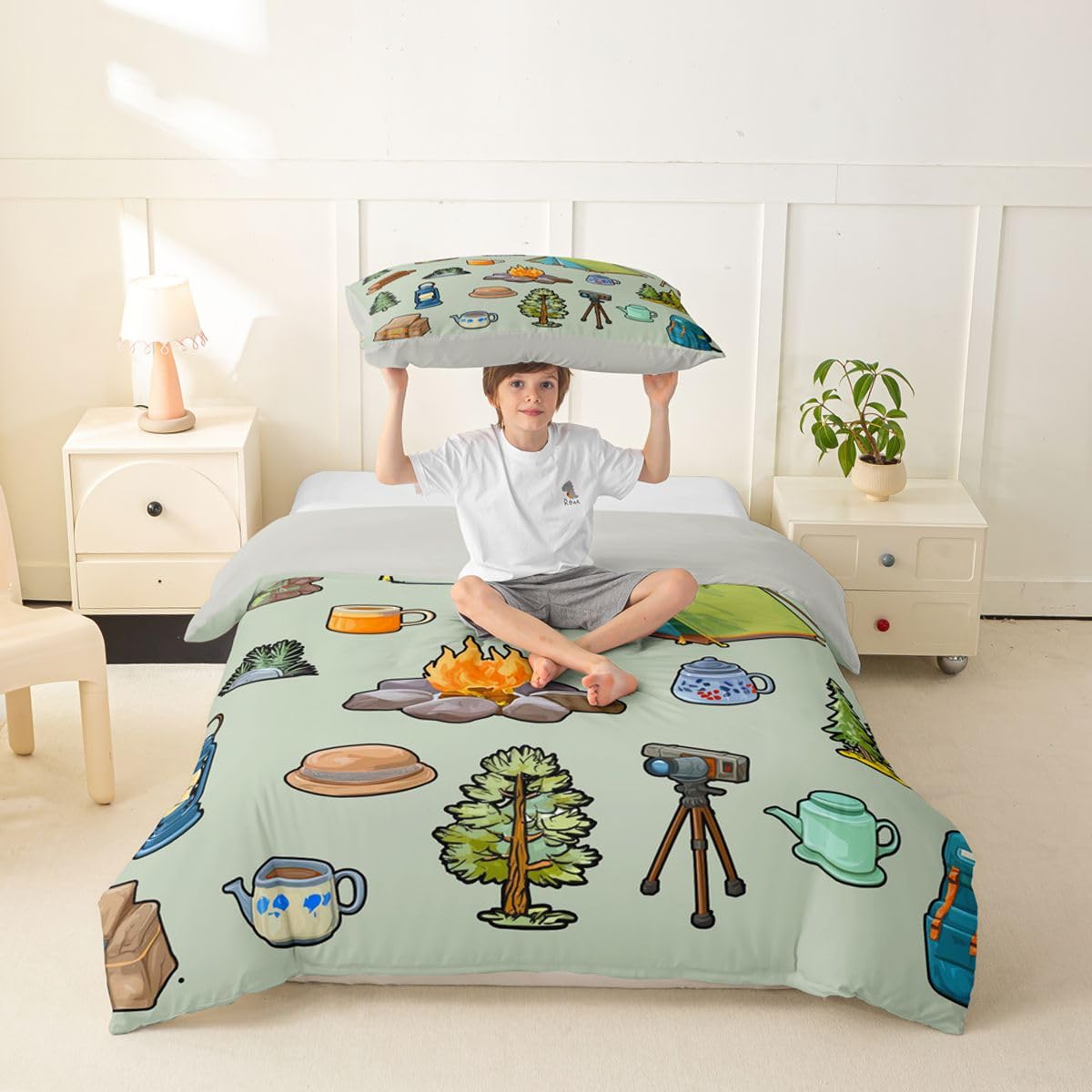 Loussiesd Funda de edredón con temática de campista verde, tamaño Super King, funda de edredón para niños y niñas, accesorios de caravana, juego de ropa de cama, 3 piezas, decoración de habitación