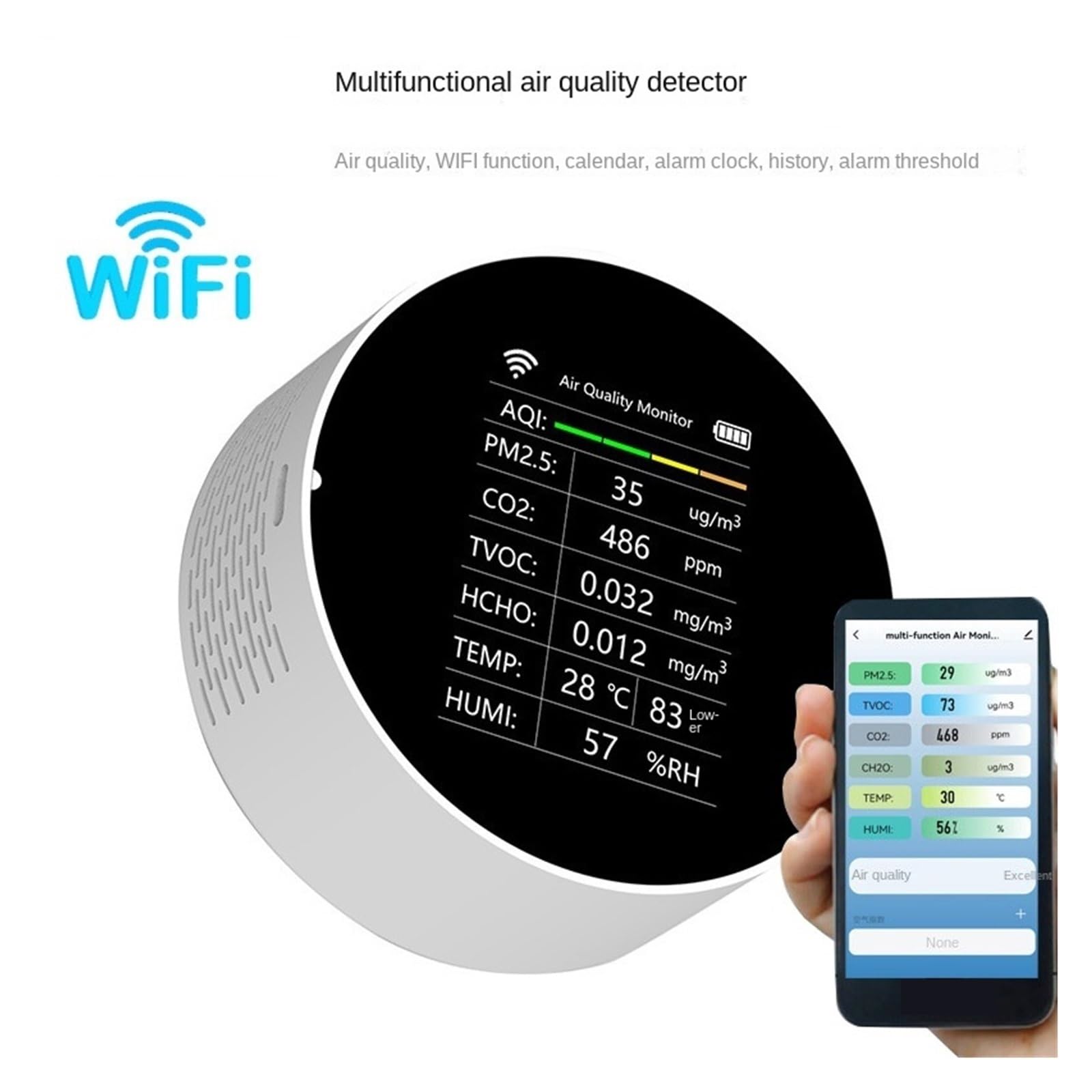 Détecteur de gaz, Détecteur de qualité l'air Multifonctionnel CO2 interconnexion téléphone Portable Outil détection d'environnement d'air(Black-no-WiFi)