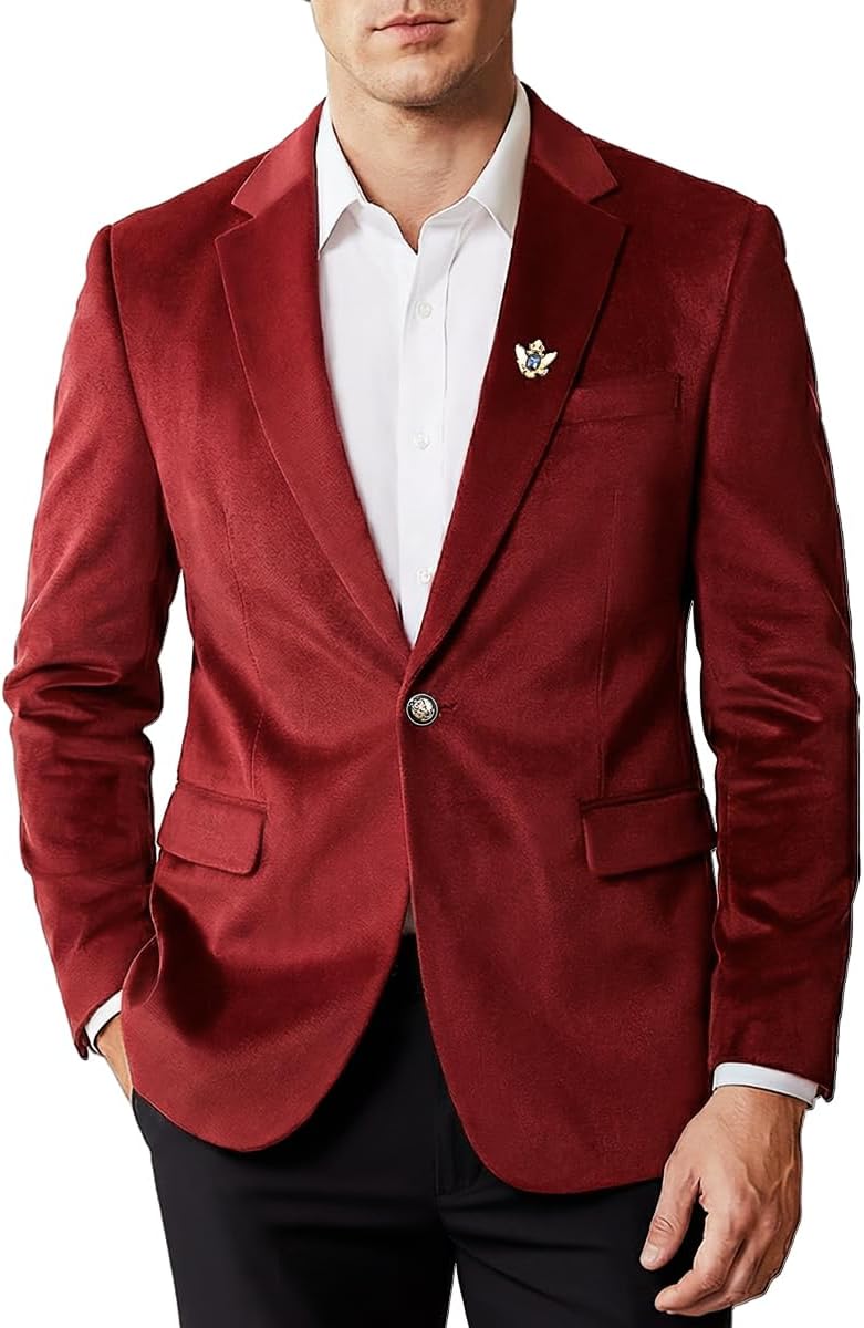 WYWK Men's Casual Velvet Blazer for Men one-Button Lapel Tuxedo Jacket with Brooch Dinner Party Wedding Prom