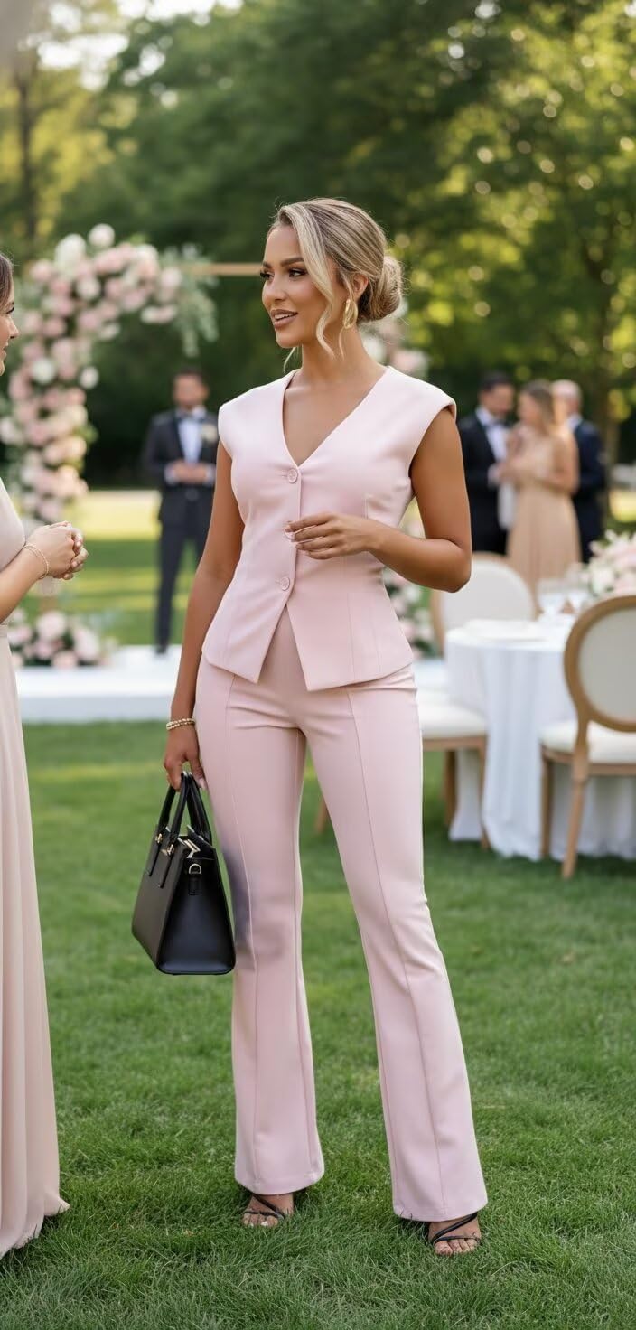 Women's 2 Piece Outfits Summer Single Breasted Vest and Pants Set Women Slim Fit V Neck Pants Suits for Women Casual