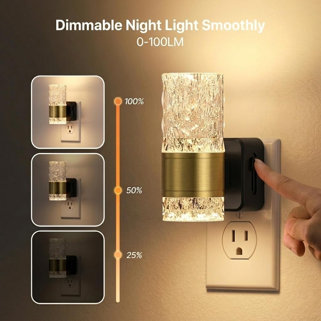 LED Night Lights Plug Into Wall, Dimmable Wall Night Lights 3000K 0-100LM Adjustable Nightlight with Gold Ambiance Lighting for Bathroom, Kitchen, Hallway, Bedroom 2 Pack