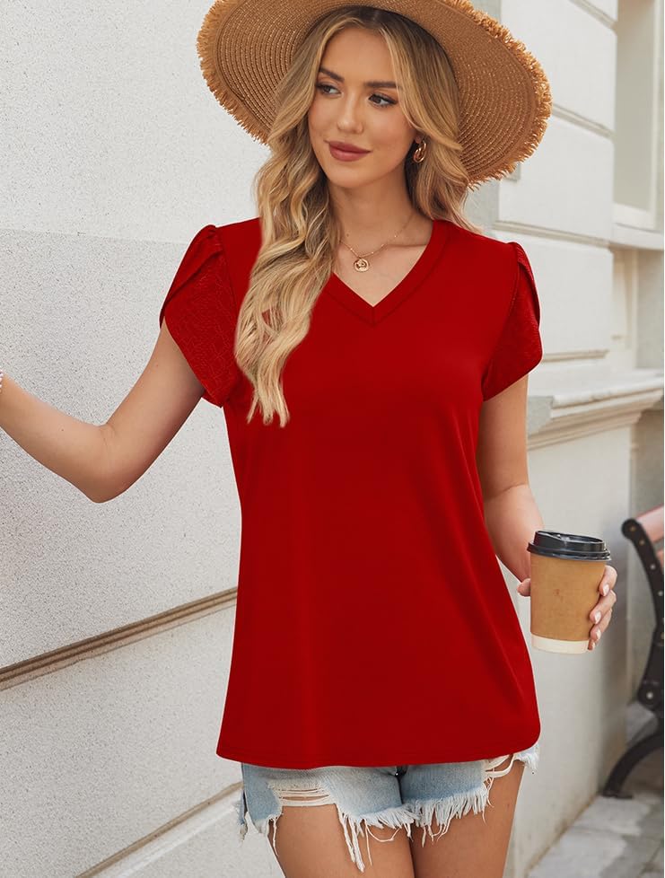 WIHOLL Womens Tops Dressy Casual Petal Sleeve Summer Spring Short Sleeve V Neck Shirts Work Business Vacation Clothes 2026 - Image 3