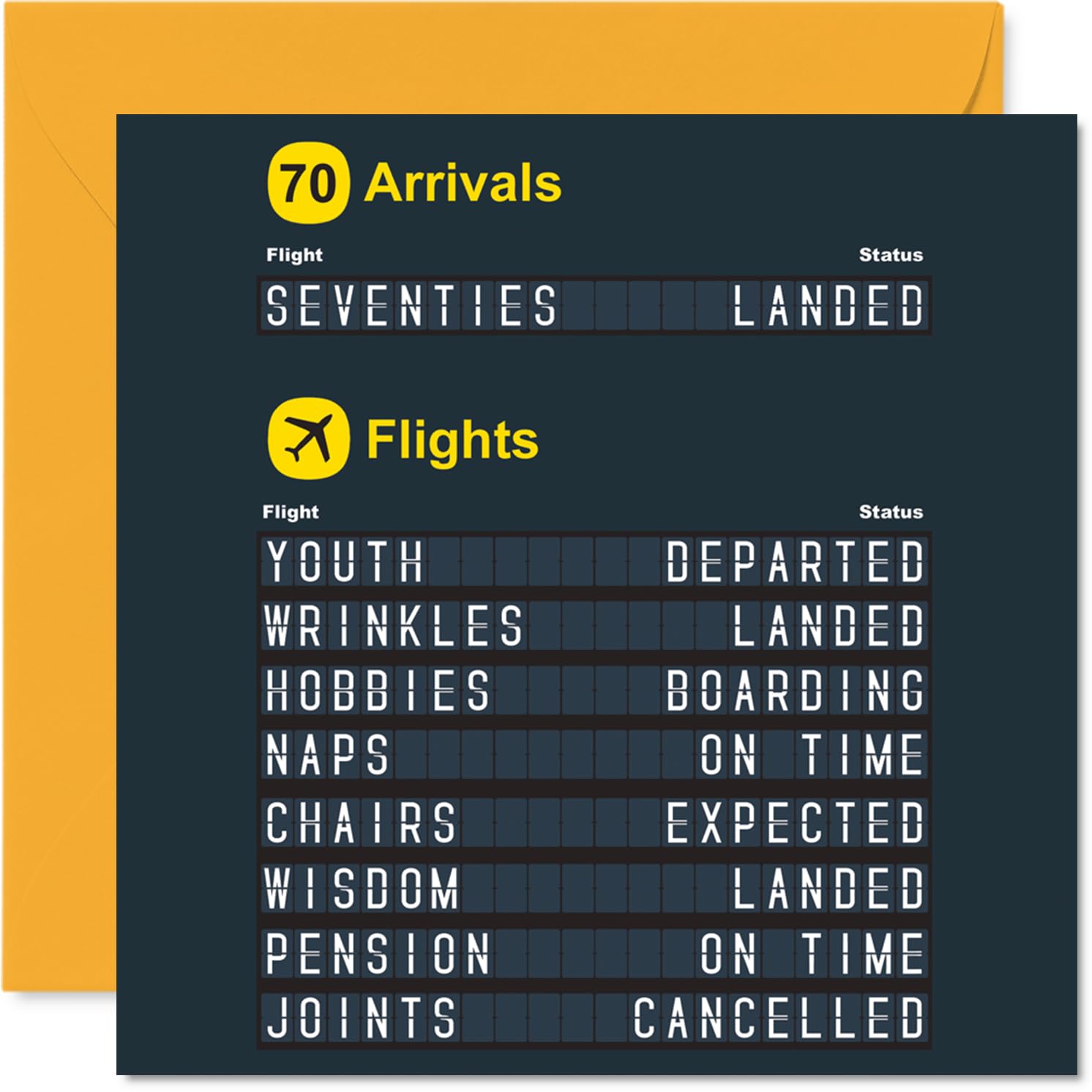 Funny 70th Birthday Card - Touchdown in Your Seventies - Retro Airport Arrivals Board with Witty Life Departures - 145mm Square, Envelope Included