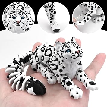 21cm / 8.27inch 3D Printed Animals Snow Leopard with Joint Mobility Poseable Figure Can Lie Down But Not Stand Up Articulated Animal Toy 3D Printed Creature Flexible Animals for Desk Decor (AA)