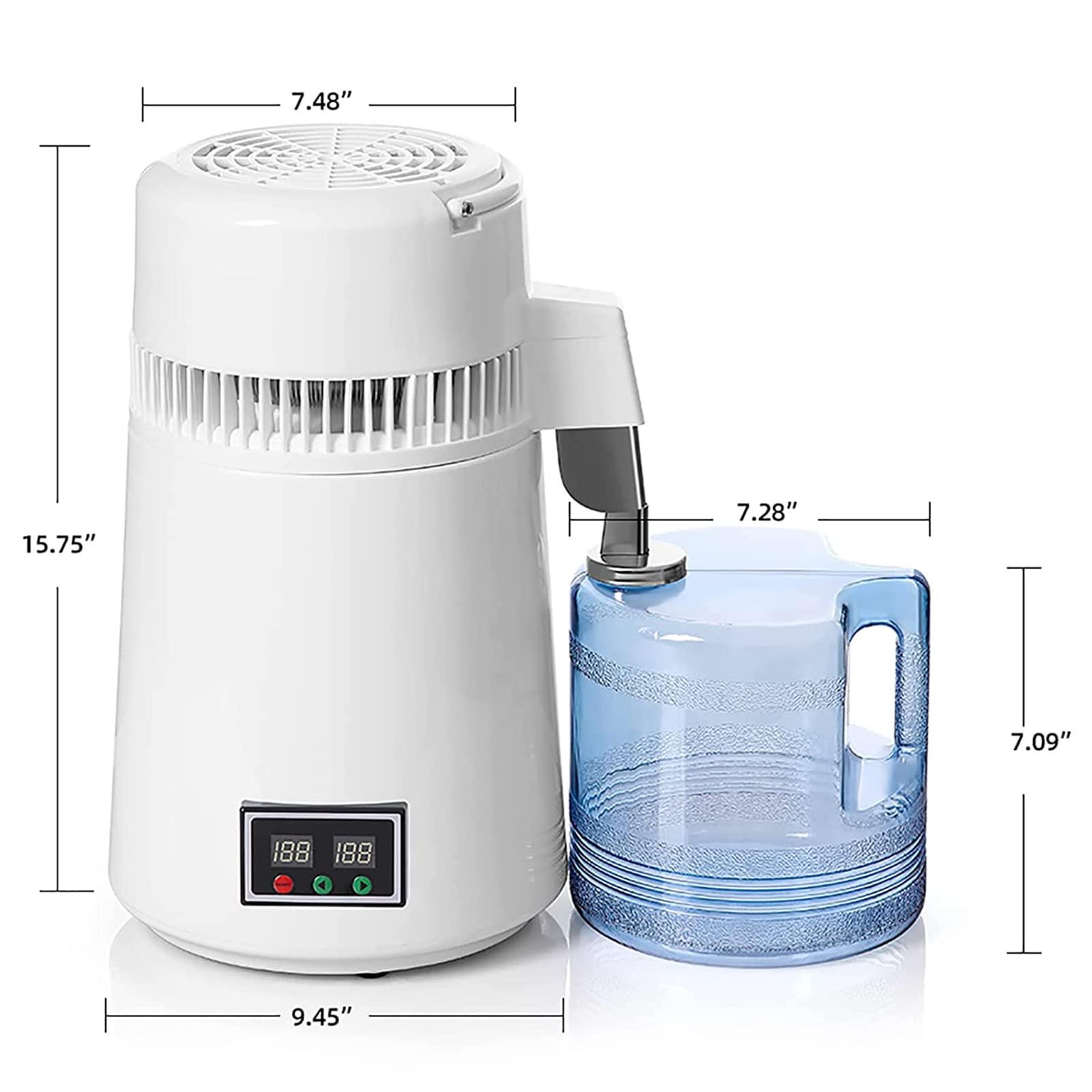 Destilador de Agua, destilador de Agua de Acero Inoxidable con Jarra de Vidrio, destilador de Agua Digital de 4 l, diseño con Dos Botones de Pantalla, 1 l/h de Agua destilada,