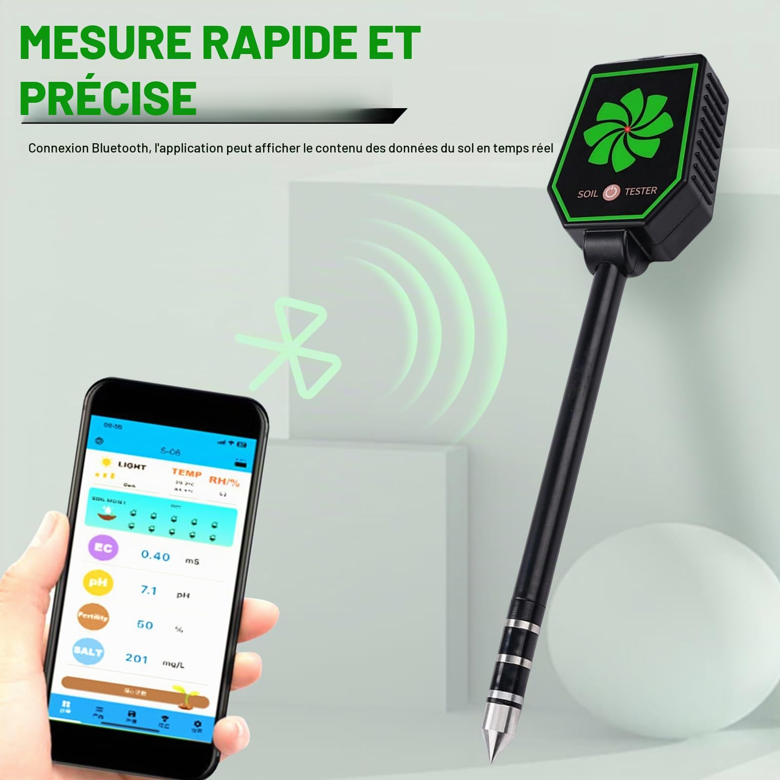 8 In1 Testeur ph Sol Testeur humidité Plante Hygrometre Plante PH/EC/salinité/fertilité/température de l'air/température du Sol/lumière/humidité du Sol Se connecte à l'application Mobile.