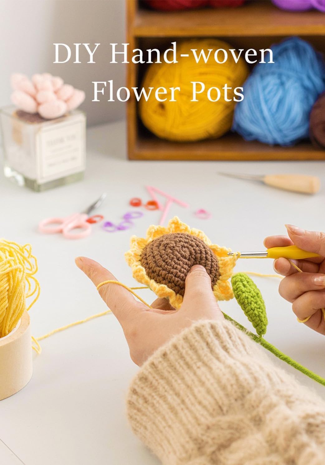 Crochet Sun Flowers Potted Flower, Handmade Knitted Sun Flores Birthday Gifts for Women/Mom/Grandparent, Valentines, Christmas,Positive Boho Crocheted Flower for Office Desk Decor - Image 4