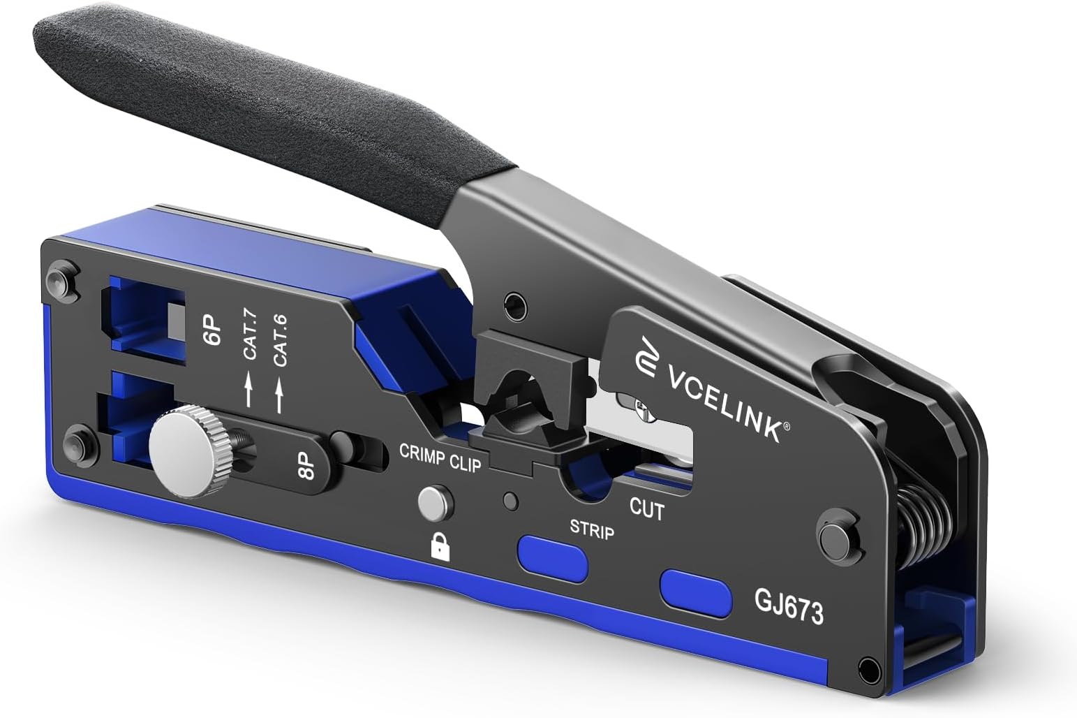 VCELINK RJ45 Crimp Tool with An Adjustable Knob, CAT7/6A/6/5E/5 All-In-One Ethernet Crimper, No Screwdriver Needed for RJ45 and RJ11/RJ12 Crimping-Blue